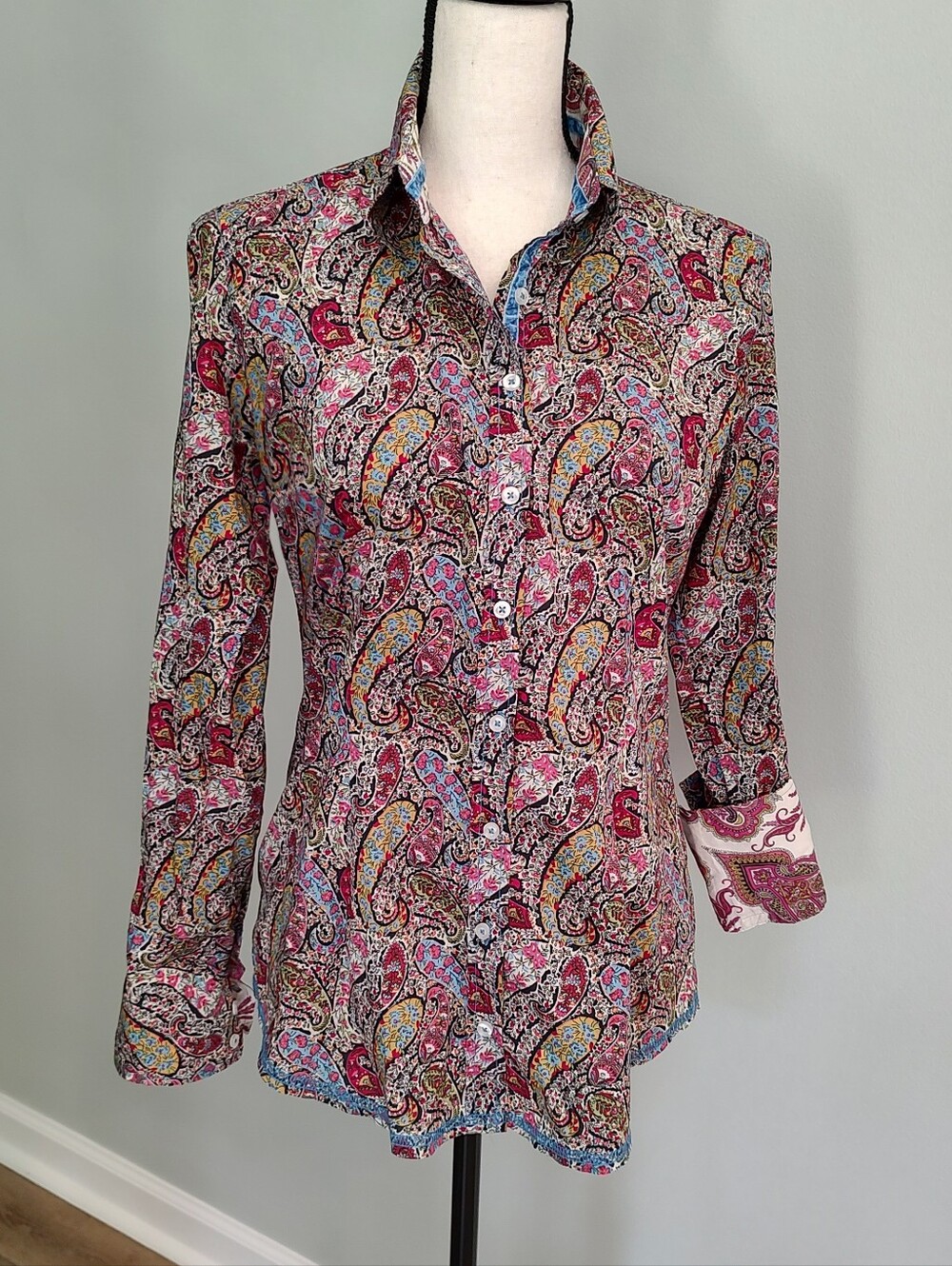 Georg Roth Los Angeles Paisley Red Contrast Cuff Cotton Shirt Size M
